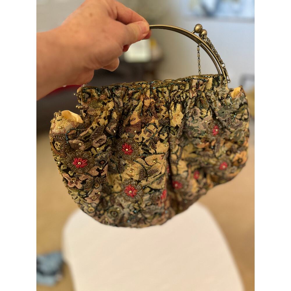 Vintage Floral Tapestry Beaded Evening Bag - Gold/Multi (V0379)